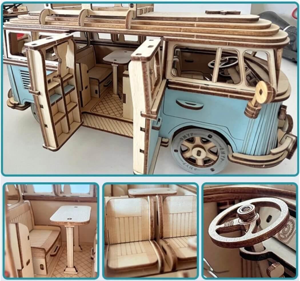 Volkswagen lakókocsi replika 3D fa modell puzzle kék